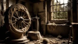 Maturity in the decay of an old mill, flour spilling from torn sacks, five epitaphs carved into the millstone, a broken heel from a miller's boot, the bitter taste of dust in the air, a piece of broken hardware from the machinery, a moth-eaten sweater hanging on a hook.