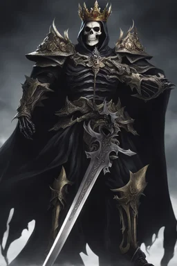 a demonic looking man with a sword in his hand, undead skeleton king, skeleton king, overlord season 4, ainz ooal gown, prince crown of black gears, the king of death, king of time reaper, overlord, lich vecna (d&d), dark and forboding, from overlord, scary knight, large black smile Overlord