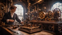 steampunk workshop, steampunk scientist in foreground tinkering with steampunk perpetual motion machine on workbench, ultra realistic, 8k ultra detailed, beautiful photograph, colourful hdr cinematic postprocessing, soft natural volumetric cinematic perfect light, chiaroscuro, award-winning photograph, masterpiece, Raphael, Caravaggio, Bouguereau, Alma-Tadema