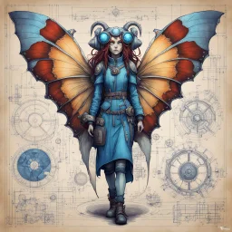 Jean-Baptiste Monge style hand drawn technical,full body portrait illustration , with detailed blueprints and engineering schematics of a walking hybrid Atlas moth insect girl, with highly detailed facial features with multi cellular eyes, drawings, and technical notation, 8k, vibrant natural colors