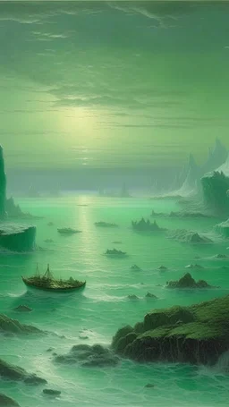 A bluish green ocean with glaciers painted by John Atkinson Grimshaw