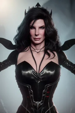 Sandra Bullock as evil queen in black leather gown, angry, busty, curvey, cleavage, unreal 5, octane render,cinema4d, dynamic lighting, dramatic lighting, 4k, redshift render, highly detailed, hyper realistic