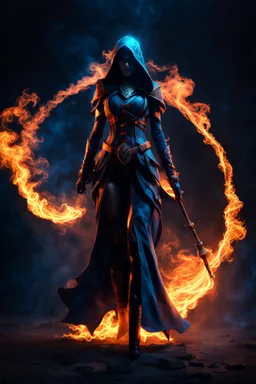 The female Shadow of Death using the staff of destruction. blue fire and orange smoke. fantasy art, Cinematic lighting, Volumetric lighting, Epic composition, octane render