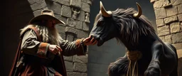 Gandalf as a cowboy, Frodo as a cow wrestler minotaur in labyrinth