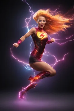 medium long shot, wide angle shot, full body, Barbie Allen aka The Flash, running, multicolored, atmospheric, beautiful, bright, vibrant colors, multicolored lightning, pitch-black background, Professional quality digital photograph, 4k UHD, Photorealistic, professional quality