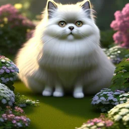 pixar style, volumetric summer garden environment and background, realistic painting of an Persian cat, looking excited, volumetric lighting, dramatic lighting, detailed digital painting, extreme dense and fine fur, anime, ornate, colour-washed colors, elegant, small minutiae, tiny features, particulars, centered, smooth, sharp focus, renderman gofur render, 8k, uhd, detailed eyes, realistic shaded volumetric lighting, sunlight caustics, backlight, centered camera view