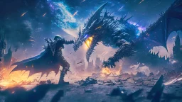 post apocalyptic space sorcerer fight againts a black dragon, destroyed city, night starry sky, epic cinematic fight scene, 8k resolution, photorealistic, ultra detailed, macro photography