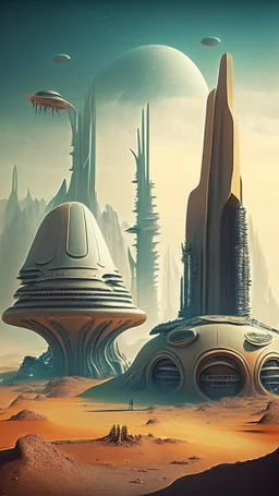 alien landscape with buildings and spaceship