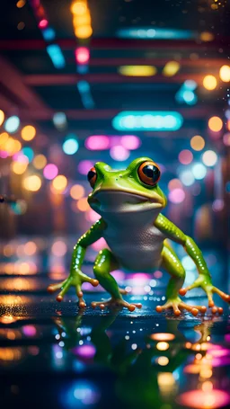 frog tumbling in water slide in the middle of crazy dance moves dancing on buss parked in dark lit reflective wet arcade hall tunnel,bokeh like f/0.8, tilt-shift lens 8k, high detail, smooth render, down-light, unreal engine, prize winning