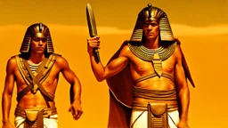 Pharaoh soldiers tear open leather bags with knives and take them out