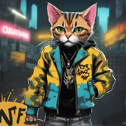 Dibujo de un Cat punk con chaqueta, estilo grafiti , NFT