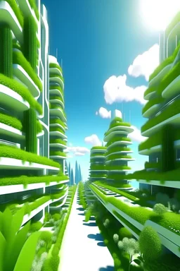 futuristic city, focus on lush green gardens growing on the balconies of the buildings, bright sunny sky with a few clouds, make the buildings white in color, 8k high resolution