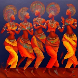 an abstract painting with figures of three African women dancing