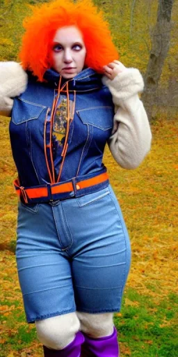 Bright-color-haired woman.fit,thick thighs,thick calves,flat belly,curvy fell, slim. Mantle is sewed of upcycled Denim and sewed together of camouflage pieces. Pieces' color are orange, cream and purple. Cream latex gaiters.It is with big bright purple felt tippet and cream-colored-hood. mantle has a hood. Big AKG-style headphones (gold rings!) is merged with small felt cap with small visor. Style: Haute Couture in 1920's, N.Y.C fashion in 1996, inspired by street art.