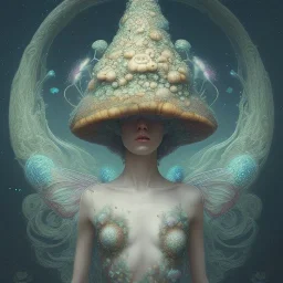 Beautiful rococo mushroom fairy, detailed eyes, realistic features, hq, fungi, celestial, moon, galaxy, stars, by Salvador Dalí, giger, Hieronymus Bosch, victo ngai, fungi, celestial, Ryan Hewett