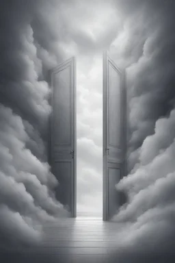 The door to another dimension surrounded with clouds and gray fogs thin fine line draw style