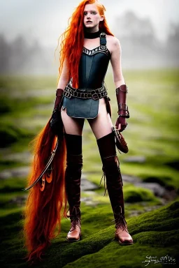 surreal, concept illustration, super-detailed, beautiful teen female who is 16 years old with long ginger hair and freckles with full lips,, full body, full face, athletic, centred camera, ignore NSFW, skimpy brown fantasy leather armor, halter top, thong, knee-high leather boots, open leather skirt, stern expression, cute pose