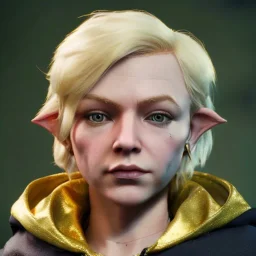 short blond hair, rogue, fantasy gnome, nonbinary, gold cloak, pickpocket, charming smirk