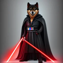 darth shiba inu sith lord with red light saber glowing