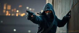 close up on guard pointing at professional ninja thief climbing a wall during lightening,