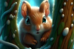 Kawaii Baby Squirrel, Hiding In Fluffy Thick Pine Branches, Full-Back Hood Fur, Mother Of Pearl, Caricature, Realism, Beautiful, Delicate Shades, Sweetness, Lights, Intricate, CGI, Art Botanical, Animal Art, Art Decor, Realism, 4k, Detailed Drawing, Depth Of Field, Digital Painting, Computer Graphics, Raw Foto, HDR