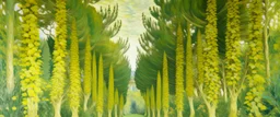 Pale yellow cypress gardens designed in Navajo woven art painted by Claude Monet