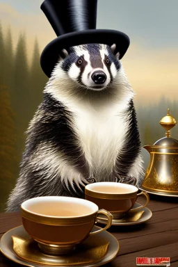 Anthropomorphic European badger wearing a tophat and having a tea party with his other anthropomorphic animal buddies. Illustration.
