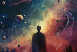 'The Space Time Continuum'. PS Text to Art AI. Prompt: Gazing into the cosmos, we find not stars, but the reflections of our own essence. smeary oil painting. short rough strokes in both directions. indistinct dark weird figure in silhouette. soft edges. geometric fine gossamer lines. floating spheres. Saturn spins off kilter. distant galaxy.