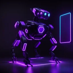 neon black and purple quadrupedal robot with a 3D hexagon for a head in a pitch black room