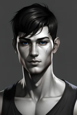 has short, straight black hair styled in an undercut curtain, as well as narrow, intimidating dull gray eyes with dark circles under them and a deceptively youthful face. He is quite short, but his physique is well-developed in musculature from extensive vertical maneuvering equipment usage.black and white