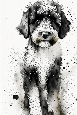 Abstract wet watercolour of a black and white bernadoodle, ink lines, splashy background detailed,focus on eyes, watercolour paper