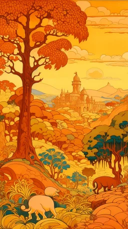 A light rosy orange colored savanna near a city designed in medieval tapestry painted by Paul Ranson