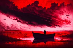 A dark sihlouette of a person drifting among the beautiful haunting blood-red clouds