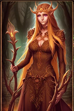 Female eladrin druid. Makes fire with her hands. Fire abilities. Long hair with fire texture. Eyes with fire reflection. A scar over left eye.