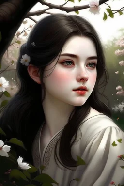 Beautiful Girl in the garden, 18 century, brunette, literally dark hair, dark eyes, fat, smell of sakura, rest, detailed face, england