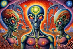 "Aliens" in a weird land - style by Alex Grey- colorful, listicvery sharp, sharp focus, extremely detailed, high definition, intricate, hiperrealistic
