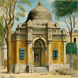 A tan rocky temple with an elephant designed in African pottery painted by Maurice Utrillo