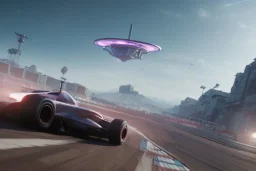 Futuristic formula race car, hovering above track, cyberpunk style