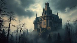 a serial killer castle in the woods on a mountain, by Alphonse Mucha and simon bisley, very beautiful, highly detailed, hyperrealistic, intricate, symmetry, cinematic, swirling fog, trending on artstation, 4k, hd,