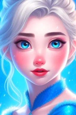 Princess Elsa is very beautiful, with a beautiful face, matching blue eyes, a slim nose, and a matching mouth. She wears a luxurious blue dress with delicate details in the snow