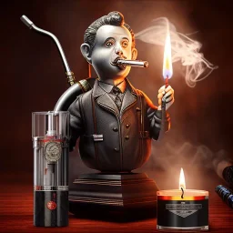 obsidian bust of ghostbuster smoking sigar, ancient, magic,on dark wooden table with drinking glass,compass,brilliance, candle, dark figure in background, movie poster