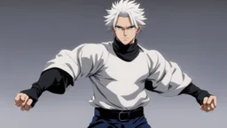 Satoru Gojo is a young tough guy white hair blue eyes black turtleneck without arms white loose pants in a defensive pose