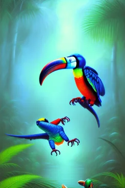 blue spider fight with one toucan, jungle setting, soft pastel colors, mystical, acrylic paint, mystical, dreamlike,