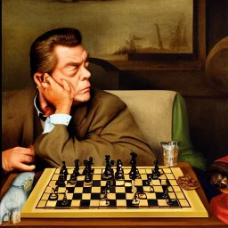 Shooter McGavin from Happy Gilmore playing chess against Donkey Kong in the style of Hieronymus Bosch