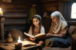 A close-up scene of an Arab mother reading the story from a book with her children around her in the room of the old wooden house near the fireplace 100 years ago.