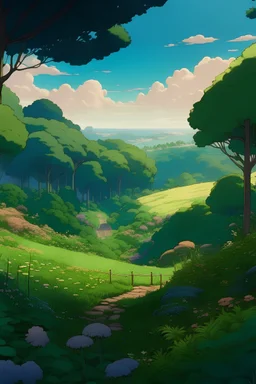 anime garden with forrest in distance afar