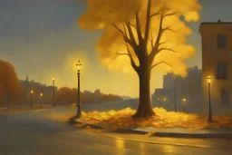 FAll golden tree under street lights by poussin