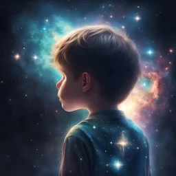 view from behind, long shot, a boy made of ethereal stardust, view from side, outer space setting