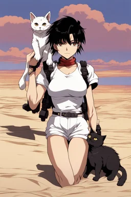 Meryl Stryfe Trigun young girl short black hair anime white clothes standing in the desert with a cat in her arms