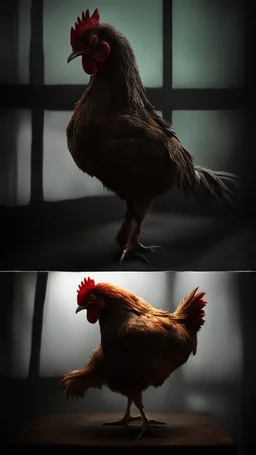 Generate a spine-chilling horror scene featuring a chicken monster as if it's a character from a terrifying movie, with eerie lighting and a haunting atmosphere , photo / ultra realistic."